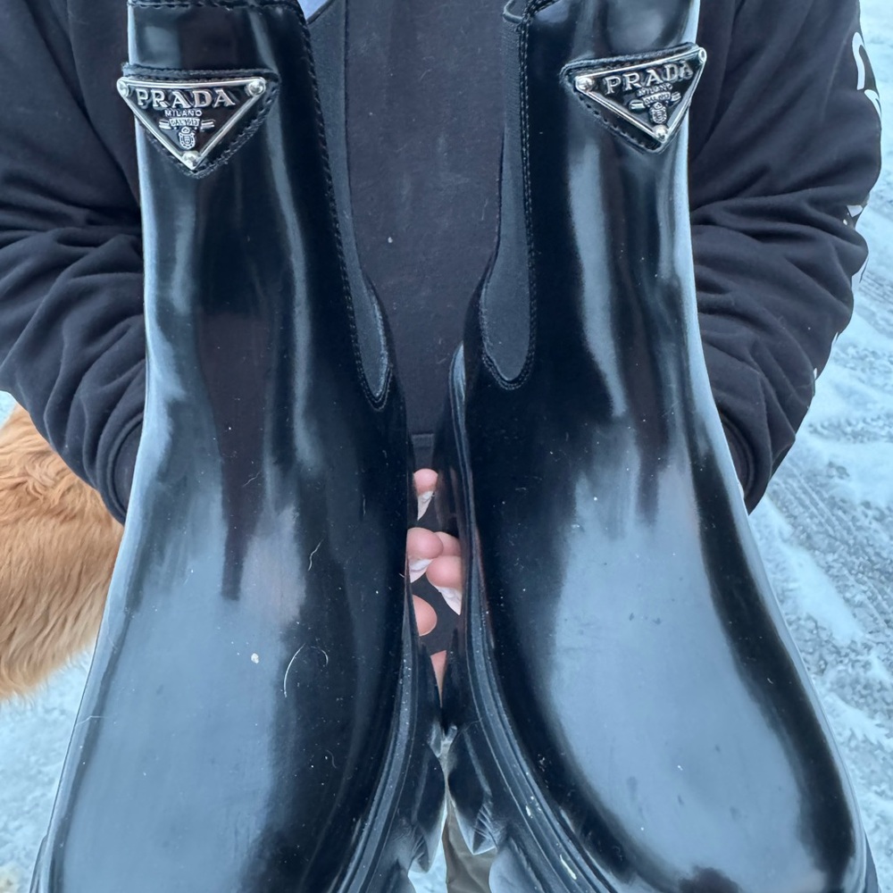 Prada Black Patent Chelsea Boots with Silver Logo